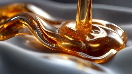 Captivating close-up of golden fluid cascading onto iridescent, luxurious fabric surface creating - Powered by Adobe
