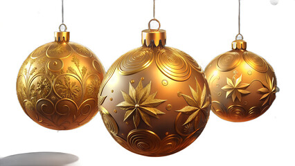 Elegant golden Christmas baubles with intricate details, hanging gracefully to add a festive touch to your holiday designs and create a joyful mood