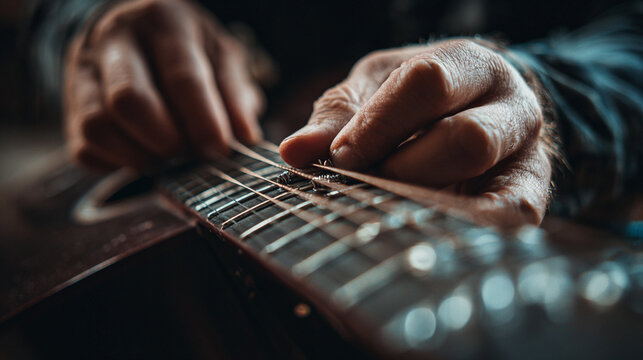 Close-up of hands tuning guitar strings, musical detail