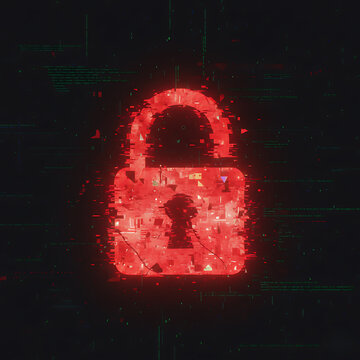 Red Padlock Icon with Digital Glitch Effect