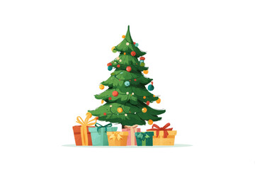 Golden ribbon, star, and ball ornaments decorate a green pine fir Christmas tree with gifts and present boxes, celebrating the new winter holiday season