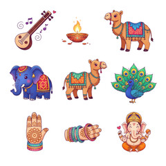 Hand-Drawn Indian Festival, Culture, and Wildlife Icon Set