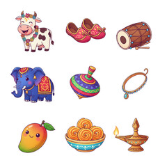 Cute Indian Culture, Wildlife, and Sweet Delicacy Icon Set
