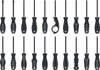 Naklejka premium Silhouettes of Diverse Screwdriver Designs – Flathead and Phillips Hand Tools with Ergonomic Handles for Hardware, Repair, and DIY Concepts