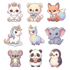Obraz premium Magical Kawaii Animal Set Princess Cat, Unicorn, Llama, and Koala Adorable Vector Collection