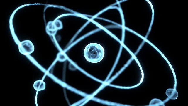 Atomic Structure Animation with Blue Glowing Orbitals Against a Black Background