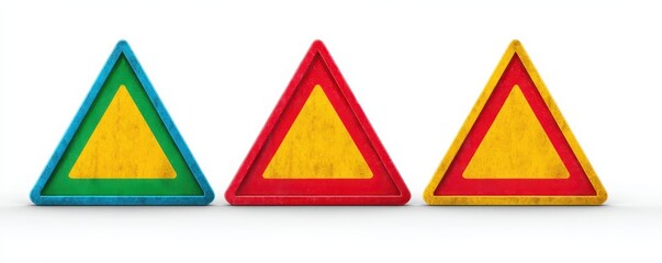 Hazard Toxic Signage concept. Colorful triangular traffic signs arranged in a row.