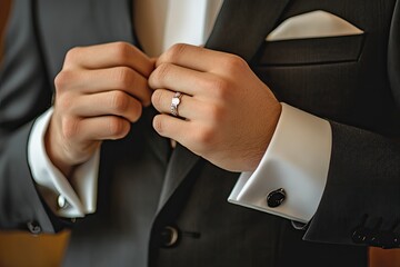 A man in a black suit and tie adjusting his cufflinks, standing in front of a grand building with a clock tower.