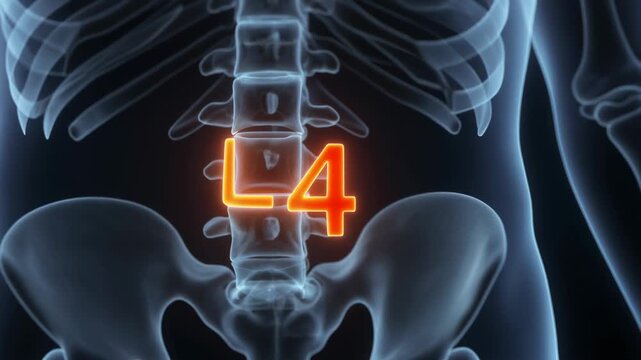X-Ray visualization of the human lumbar spine L4 vertebra highlighted in orange, part of the skeletal system anatomy and medical concept