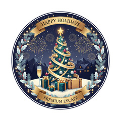 Premium Holiday Escape Illustration with Elegant Christmas Tree, Champagne, and Travel Theme