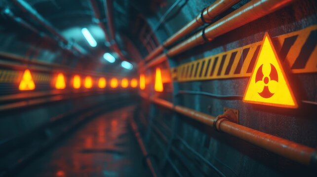 Hazard Toxic Signage concept. Dark tunnel with warning signs and glowing lights.