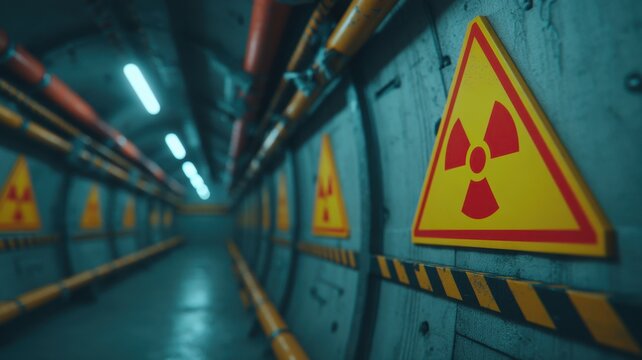 Hazard Toxic Signage concept. Narrow tunnel with radiation warning signs and industrial details. - Powered by Adobe