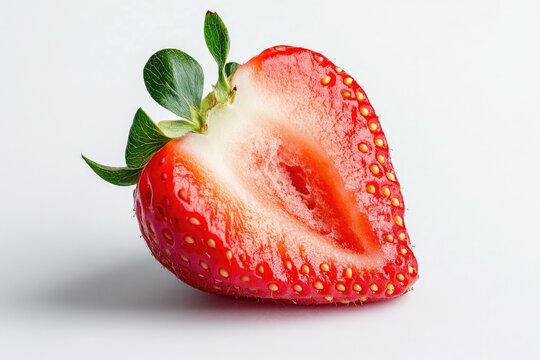 A ripe strawberry with green leaves and a vibrant red color.