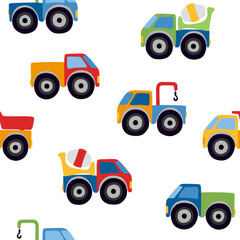 Seamless pattern with cars with big wheels. Trucks, cranes, concrete mixers on white background. 