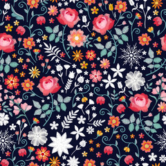 Beautiful seamless pattern with embroidered rose and other flowers on black background. Combination of colorful and white flowers. 