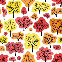 Trees with red, orange and yellow crowns on white background. Autumn forest. Nature seamless pattern