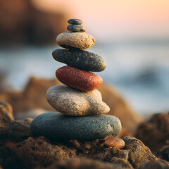 Stacked balanced stones on a beach with soft ocean background