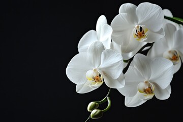 A delicate orchid with white petals and a yellow center, set against a dark background.