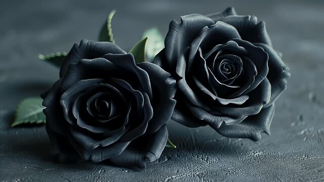 Two Black Roses with Water Droplets on Dark Textured Surface Still Life