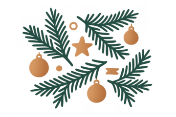 Christmas holiday pine branches and golden ornaments decorating
