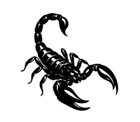 A black and white illustration of a scorpion with a sharp, venomous sting. Suitable for decorative patterns, thematic designs, logos, and graphic projects.