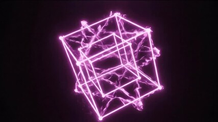Glowing Purple Neon Tesseract Hypercube Rotating In Dark Void - Powered by Adobe