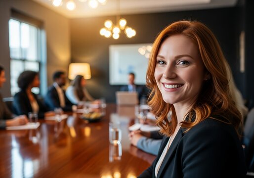 Smiling redhead businesswoman in boardroom meeting, confident female leader with team in background - Powered by Adobe