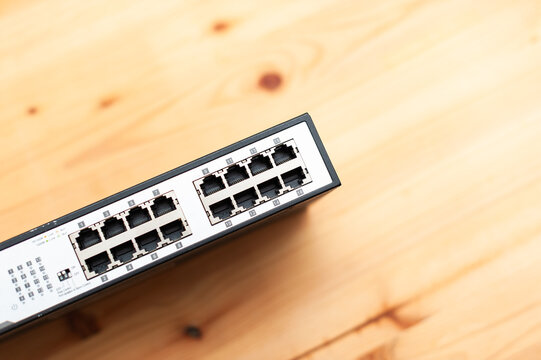 Tech office equipment setup aerial view of network switch installation for modern workspaces