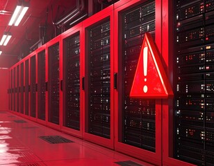 Red server room, warning sign in focus