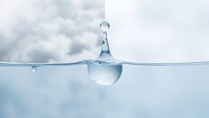 truculent. Water droplet transforming from cloudy to clear, macro detail on plain background. STEM education sheets, lab safety posters, designed for biotech research communications.