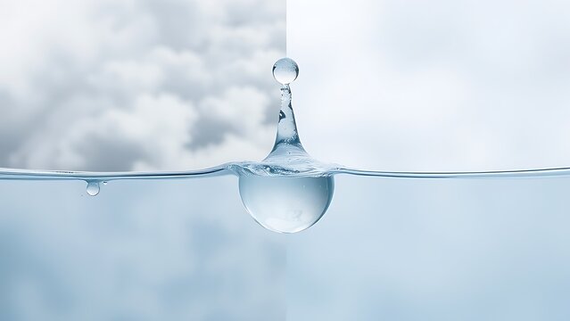 truculent. Water droplet transforming from cloudy to clear, macro detail on plain background. STEM education sheets, lab safety posters, designed for biotech research communications.