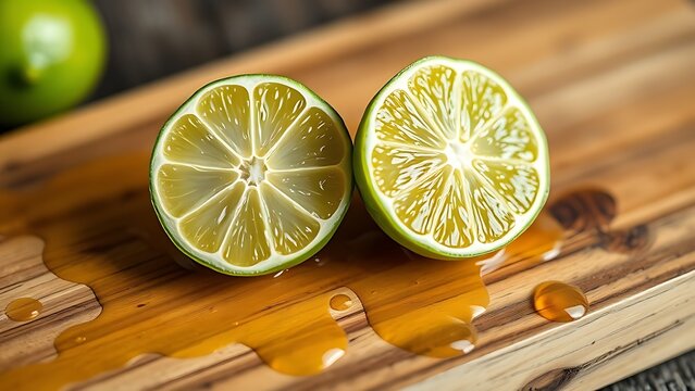 sudachi. A sudachi lime sliced in half on a rustic wooden cutting board, droplets of fresh juice. menu design, packaging mockups, designed for food delivery and cloud-kitchen brand materials. - Powered by Adobe