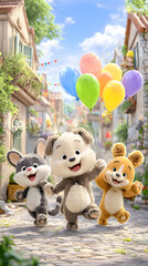pastel cute animal parade illustration Three animated animals celebrating with balloons. adorable nursery wallpaper design tiny forest friends marching pattern