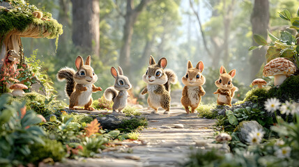 pastel cute animal parade illustration Squirrels exploring a vibrant forest scene. adorable nursery wallpaper design tiny forest friends marching pattern