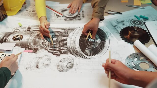 Engineers engage in a detailed analysis of aerospace designs, showcasing teamwork and innovative thinking as they collaborate on complex technical drawings and models. SACTR