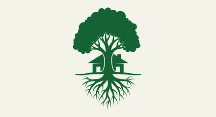 Green logo of a house nestled within the roots and branches of a tree, symbolizing nature and home.