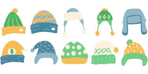 Collection of cute winter hats and ear warmers in flat design Illustration