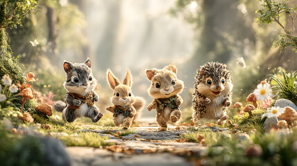 pastel cute animal parade illustration Charming forest creatures on a joyful adventure. adorable nursery wallpaper design tiny forest friends marching pattern