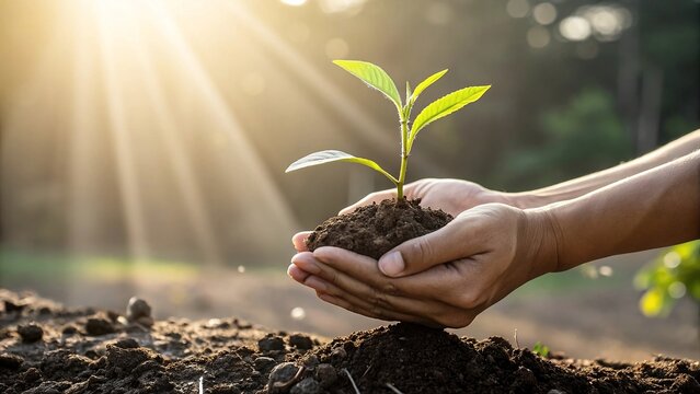 Hands holding small green plant sprout in rich soil under golden sunset sunlight,world soil day concept.