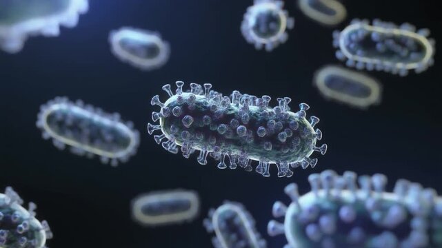 A detailed 3D rendering of rod-shaped viruses with spike proteins.