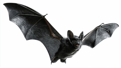 Obraz premium Close-up of a black bat in flight, showcasing its detailed fur, large ears, and leathery wings against a white background, illustration