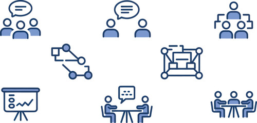 Blue Outline Business and HR Icon Set  Teamwork, Meetings, Communication, Org Chart & Workflow vector.