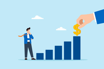 Fototapeta premium Flat illustration of businessman watching dollar sign placed on rising bar chart symbolizing investment growth and financial success