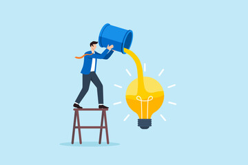 Flat illustration of businessman pouring creativity liquid into bright large light bulb for innovation boost © VZ_Art