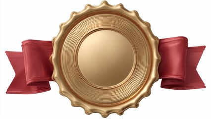 Golden Seal or Wax Seal with Red Ribbon, Award Emblem, Certificate Stamp, Empty Space for Text