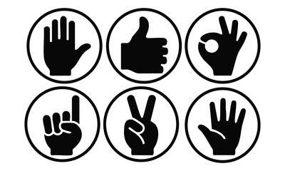 Black and White Gesture Graphics, Hand Sign Icon Set, Communication Hand Signals (Stop, Thumbs Up, OK, One, Peace, Five), silhouette, woman, vector.