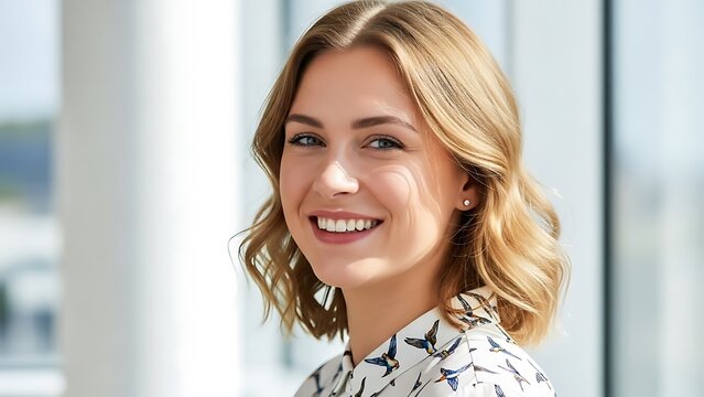 Portrait of a smiling young professional woman in a modern office setting. - Powered by Adobe