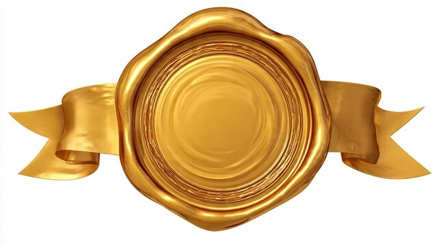 Golden Wax Seal with Ribbon on White Background, Symbol of Authenticity, Quality, and Luxury