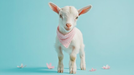 Adorable baby goat kid with pink bandana on blue background cute animal photography farm livestock portrait