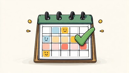 Cute cartoon calendar with a green checkmark on a day, marking an important event or completed task.